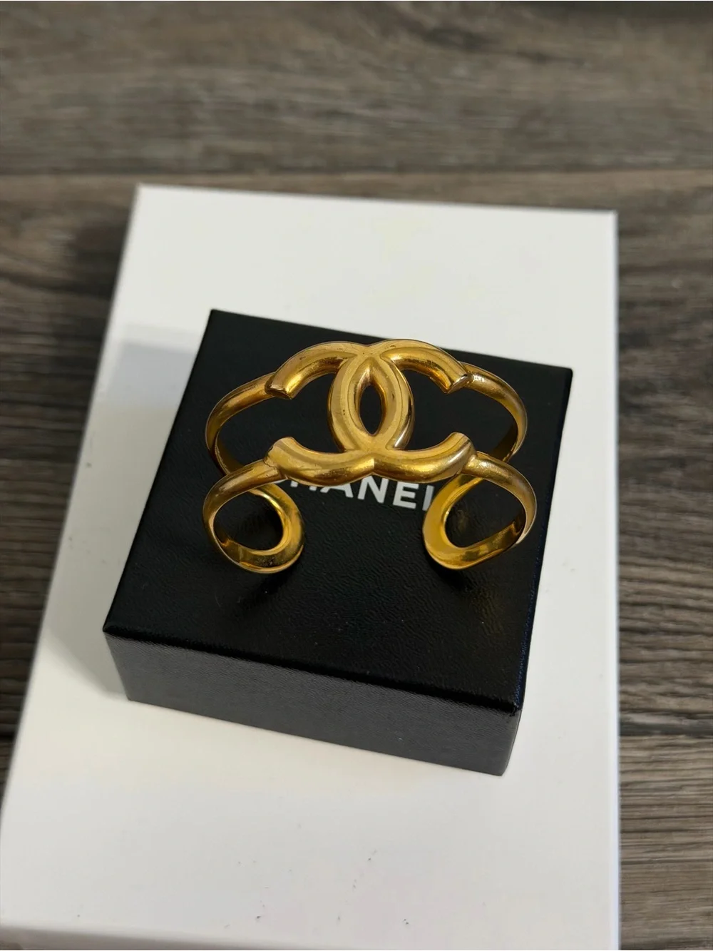CHANEL Vintage Gold CC Logo Cuff Bracelet